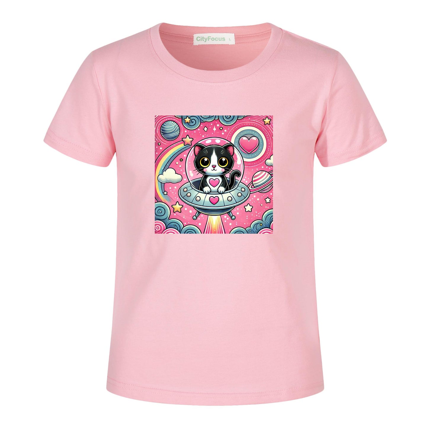 Girls' Artistic Cotton T-Shirt - Cat in a Spaceship 2