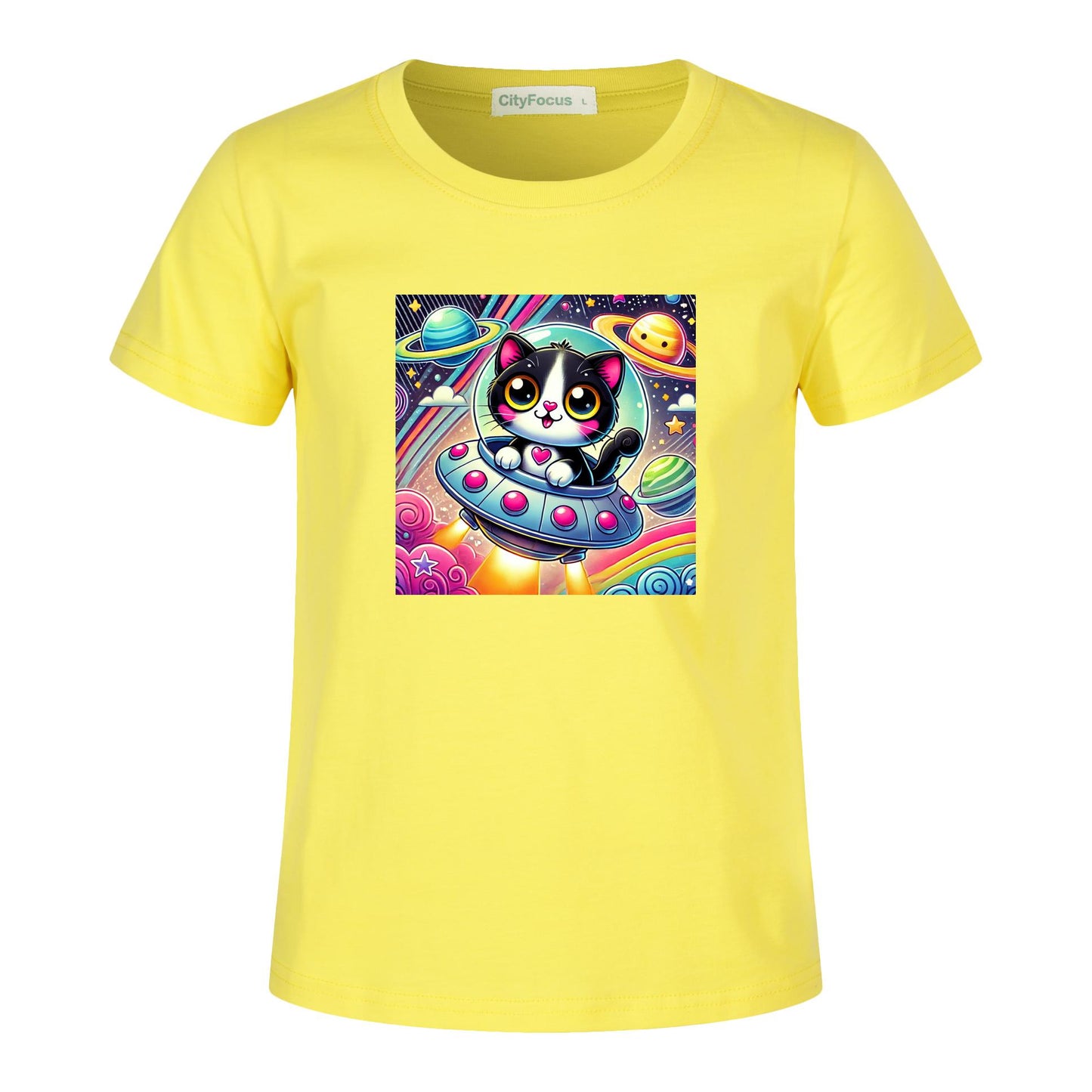 Girls' Artistic Cotton T-Shirt - Cat in a Spaceship 1